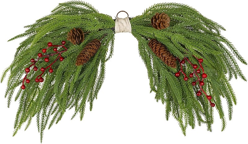 Arborus Artificial Christmas Swags with Norfolk Pine, Red Berries and Pinecones, 24" Christmas Thanksgiving Decorations for Front Door, Mantel, Staircase, Window, Xmas Décor - Image 1